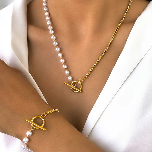 Imitation Pearl & Stainless Steel Jewelry Set – Necklace with OT Clasp & Earrings - Willen