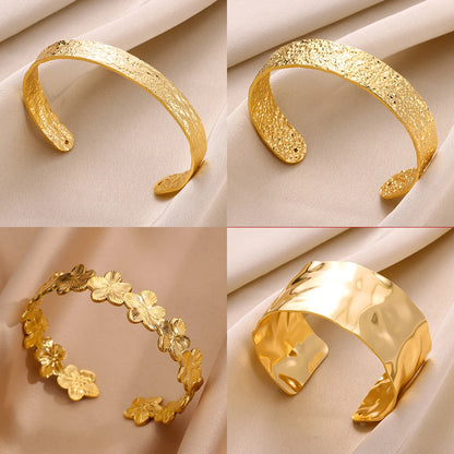 Gold Floral Etched Cuff Bracelet – Wide Stainless Steel Bangle for Women - Willen