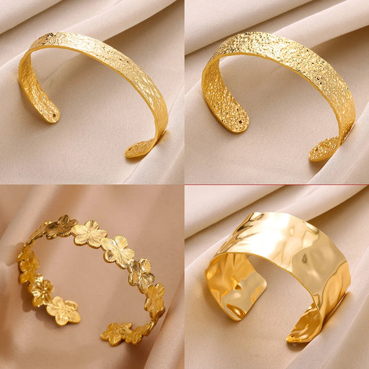 Gold Floral Etched Cuff Bracelet – Wide Stainless Steel Bangle for Women - Willen