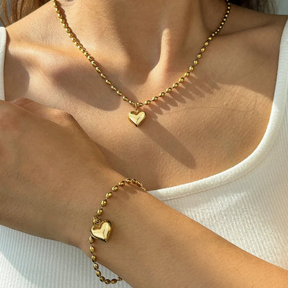 Heart Pendant Jewelry Set – Stainless Steel Necklace & Earrings, Beaded Chain Design - Willen
