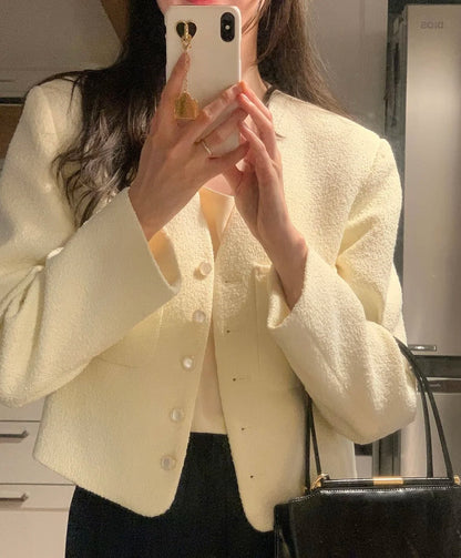 Women’s Short Tweed Jacket – V-Neck, Button Closure, Cotton-Polyester, Beige or Black - Willen