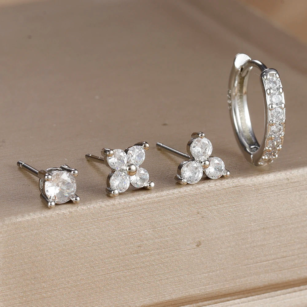 Gold-Plated Stainless Steel Stud Earrings – 4-Piece Set with Cubic Zirconia Accents - Willen