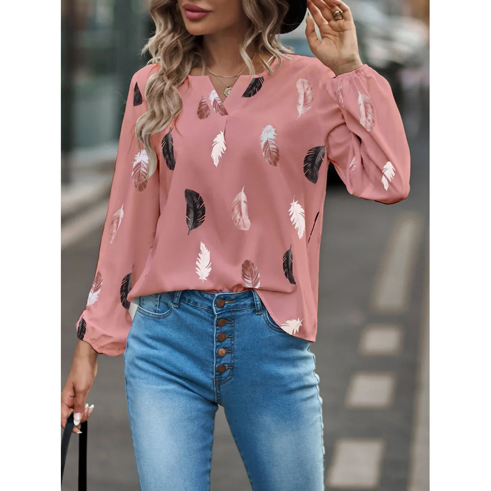 SkyFeather Elegant Top – Lightweight Chiffon Blouse with Feather-Inspired Print - Willen