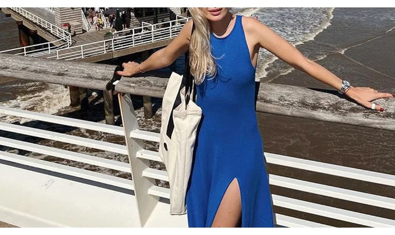 Sleeveless Knit Midi Dress – Empire Waist, Side Slit - Willen