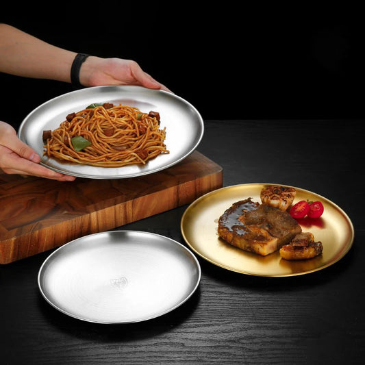 Golden Stainless Steel Serving Dish – Flat Shallow Round Tray - Willen