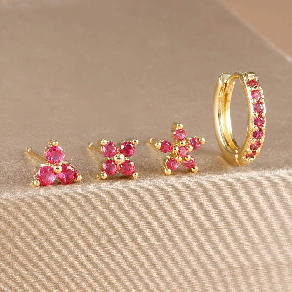 Gold-Plated Stainless Steel Stud Earrings – 4-Piece Set with Cubic Zirconia Accents - Willen