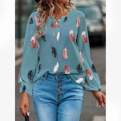 SkyFeather Elegant Top – Lightweight Chiffon Blouse with Feather-Inspired Print - Willen