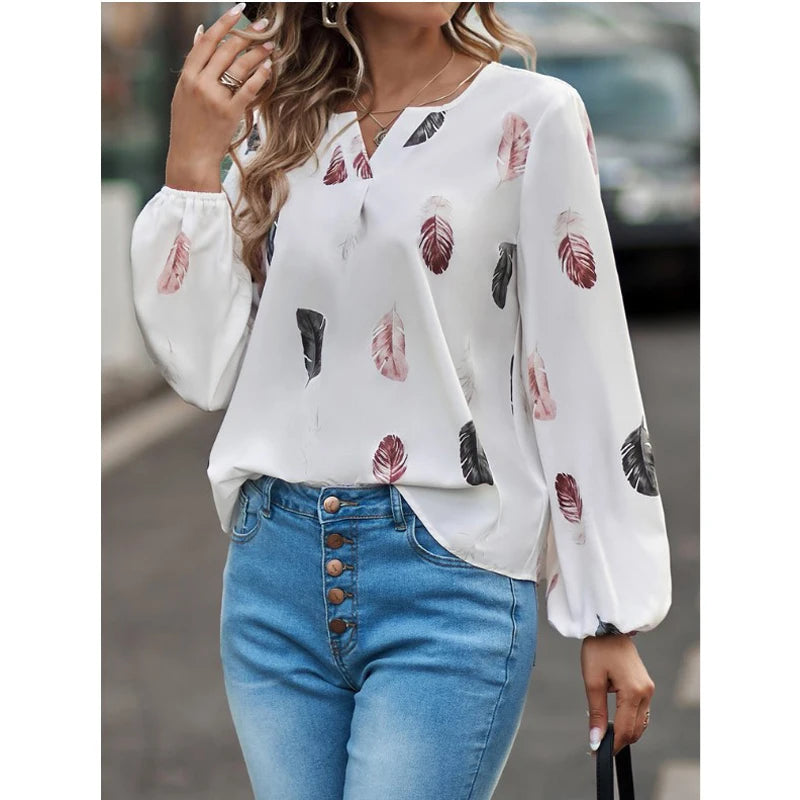 SkyFeather Elegant Top – Lightweight Chiffon Blouse with Feather-Inspired Print - Willen