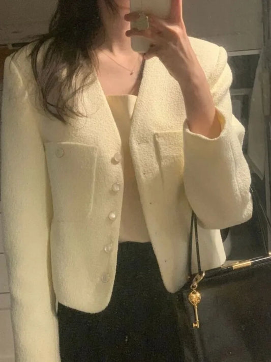 Women’s Short Tweed Jacket – V-Neck, Button Closure, Cotton-Polyester, Beige or Black - Willen