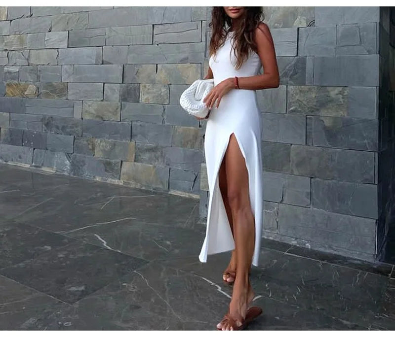 Sleeveless Knit Midi Dress – Empire Waist, Side Slit - Willen