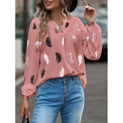SkyFeather Elegant Top – Lightweight Chiffon Blouse with Feather-Inspired Print - Willen