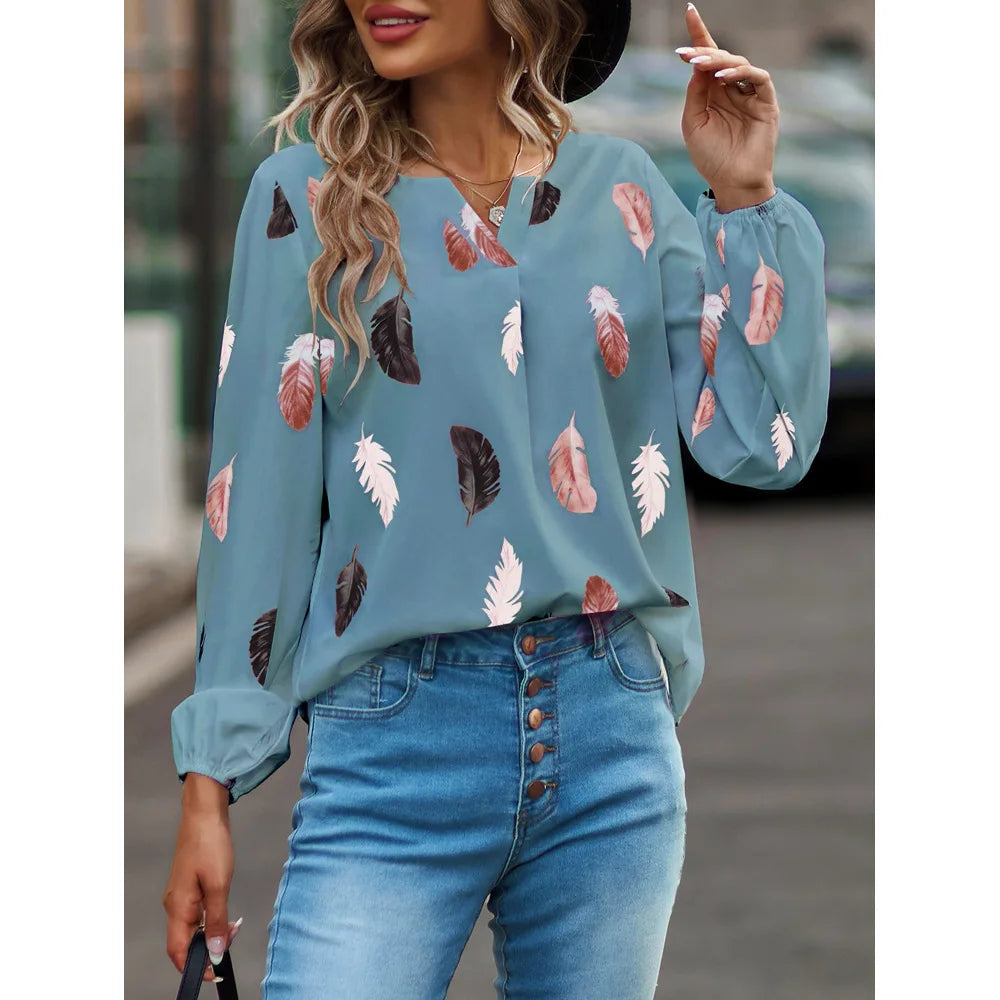 SkyFeather Elegant Top – Lightweight Chiffon Blouse with Feather-Inspired Print - Willen
