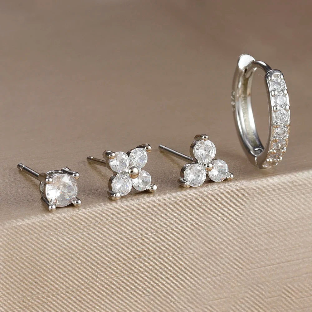 Gold-Plated Stainless Steel Stud Earrings – 4-Piece Set with Cubic Zirconia Accents - Willen