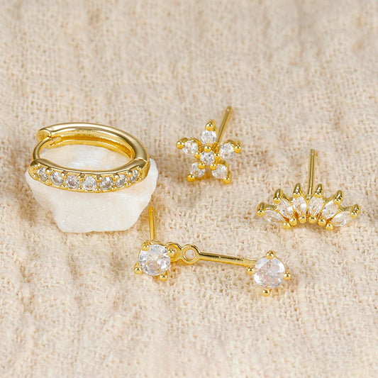 4-Piece Stainless Steel Earring Set – Gold Huggie Hoops & Cubic Zirconia Flower Studs - Willen