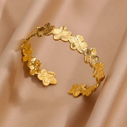 Gold Floral Etched Cuff Bracelet – Wide Stainless Steel Bangle for Women - Willen