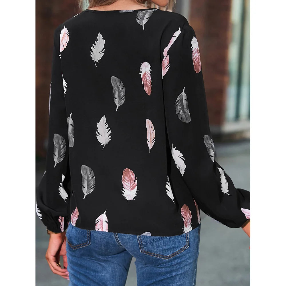 SkyFeather Elegant Top – Lightweight Chiffon Blouse with Feather-Inspired Print - Willen
