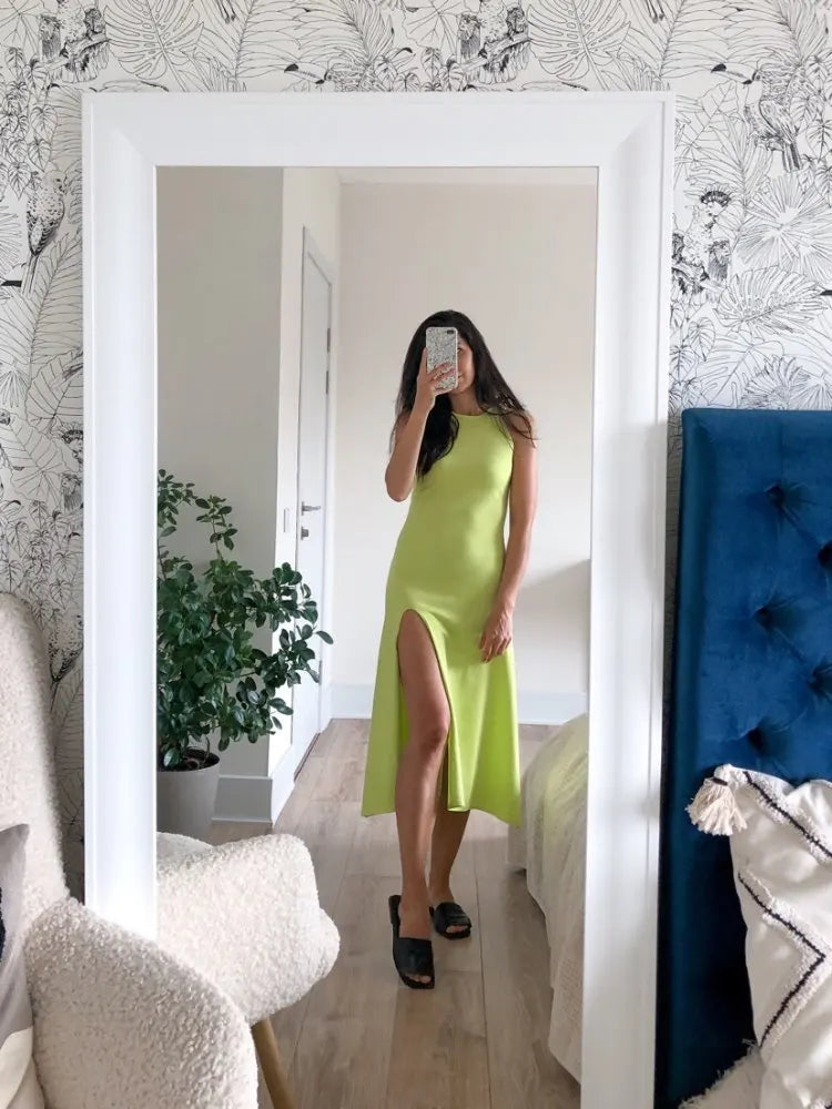 Sleeveless Knit Midi Dress – Empire Waist, Side Slit - Willen