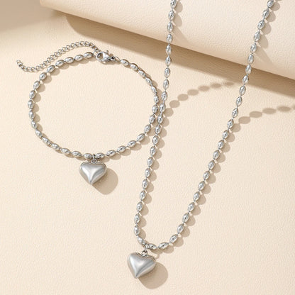 Heart Pendant Jewelry Set – Stainless Steel Necklace & Earrings, Beaded Chain Design - Willen
