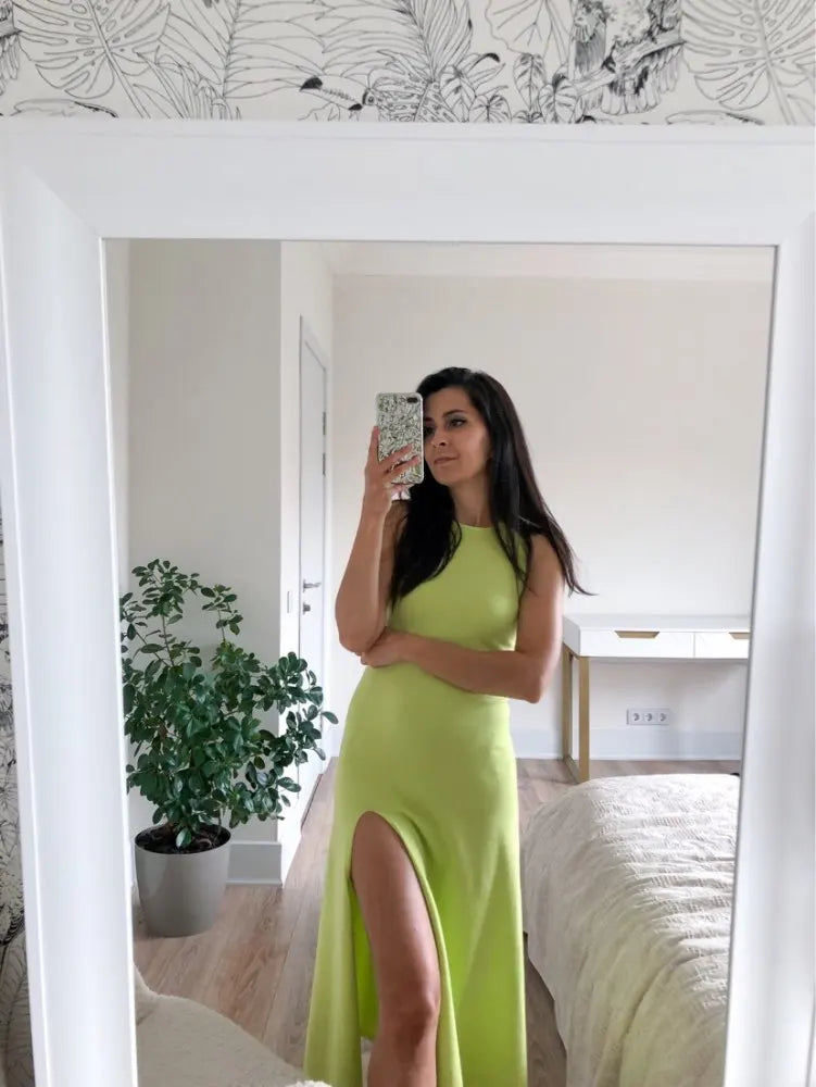 Sleeveless Knit Midi Dress – Empire Waist, Side Slit - Willen