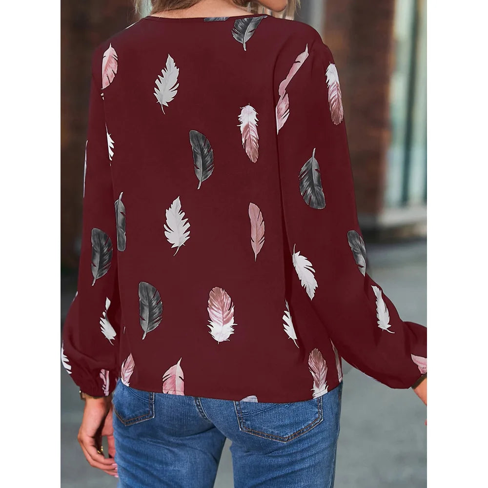 SkyFeather Elegant Top – Lightweight Chiffon Blouse with Feather-Inspired Print - Willen