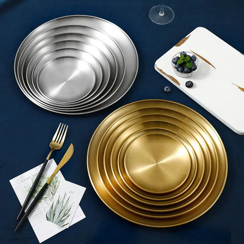 Golden Stainless Steel Serving Dish – Flat Shallow Round Tray - Willen