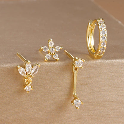 4-Piece Stainless Steel Earring Set – Gold Huggie Hoops & Cubic Zirconia Flower Studs - Willen