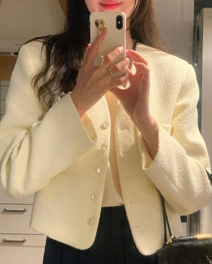 Women’s Short Tweed Jacket – V-Neck, Button Closure, Cotton-Polyester, Beige or Black - Willen