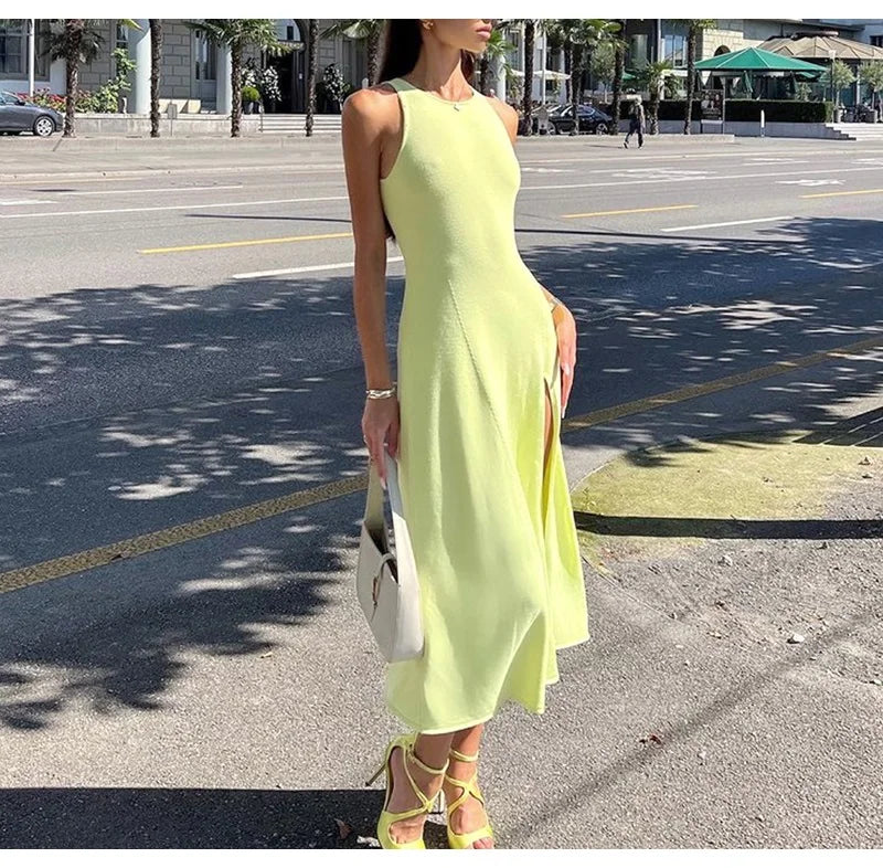 Sleeveless Knit Midi Dress – Empire Waist, Side Slit - Willen