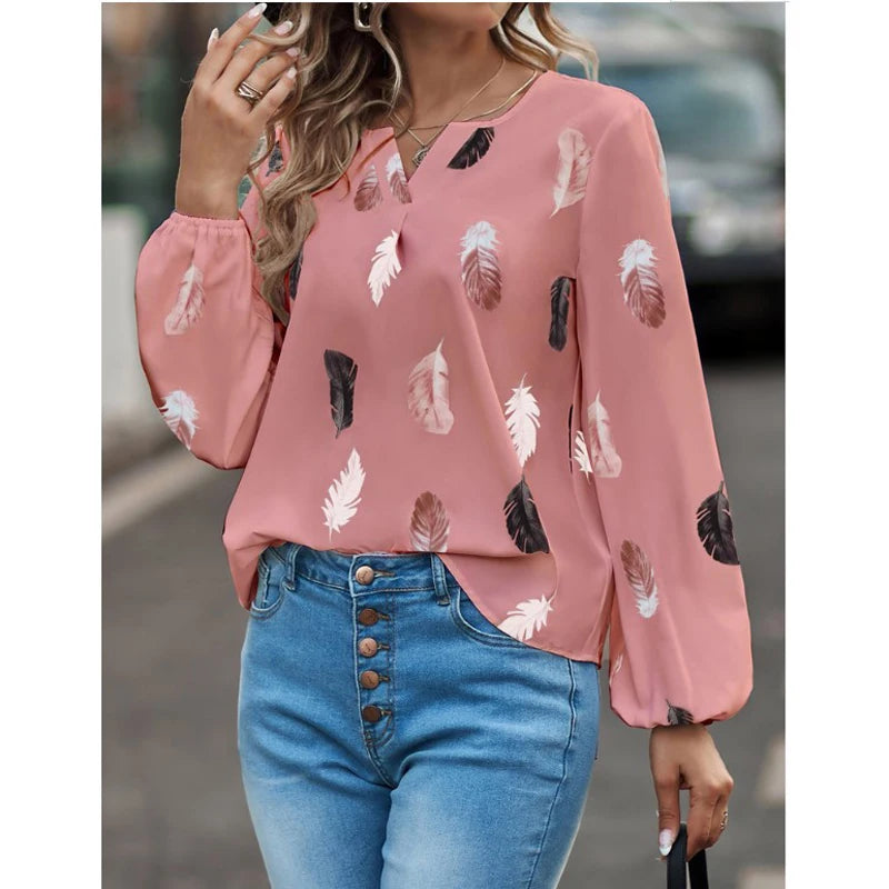 SkyFeather Elegant Top – Lightweight Chiffon Blouse with Feather-Inspired Print - Willen