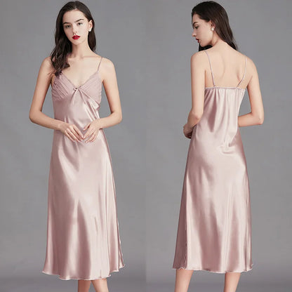 Satin Nightgown – Sleeveless Mid-Length Sleepwear, Lace V-Neck - Willen
