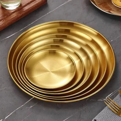Golden Stainless Steel Serving Dish – Flat Shallow Round Tray - Willen