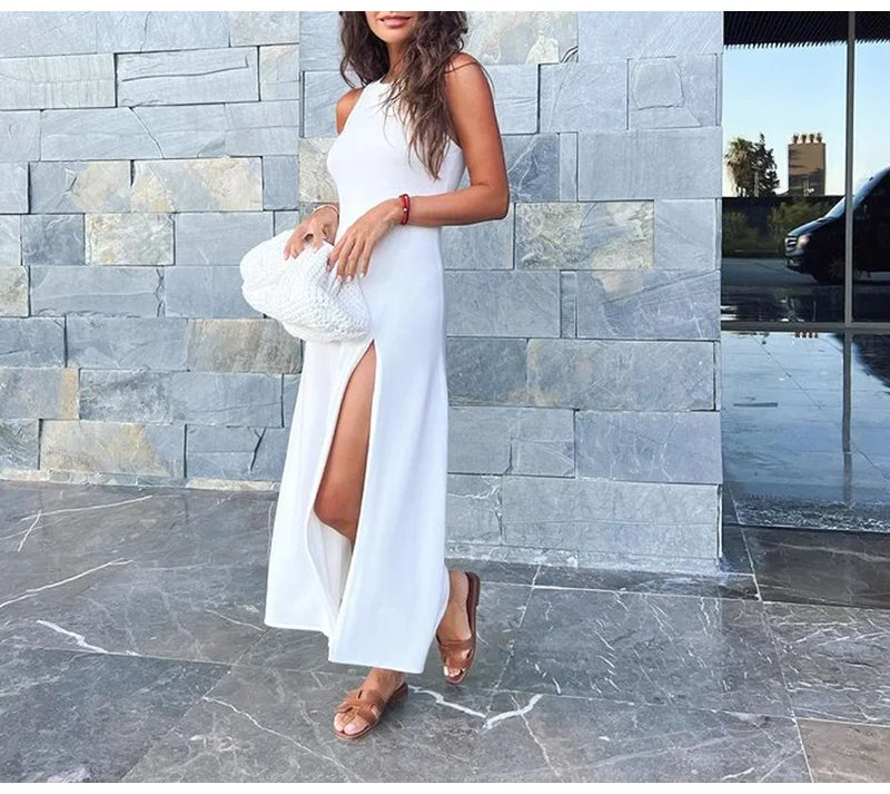 Sleeveless Knit Midi Dress – Empire Waist, Side Slit - Willen