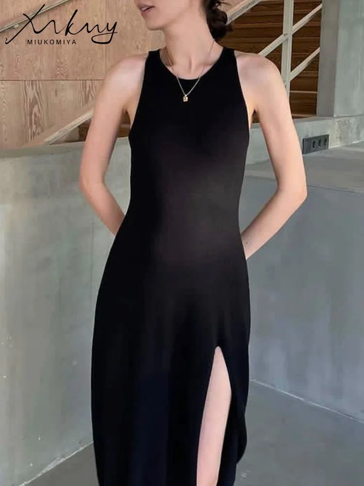 Sleeveless Knit Midi Dress – Empire Waist, Side Slit - Willen