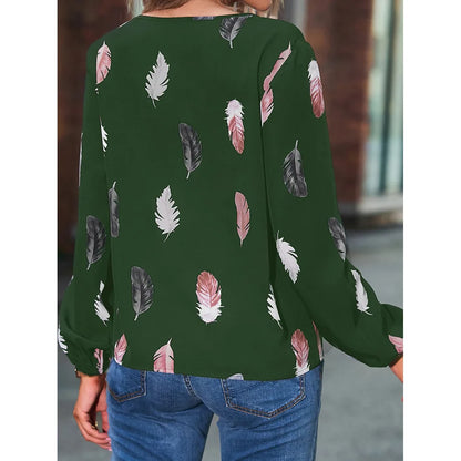 SkyFeather Elegant Top – Lightweight Chiffon Blouse with Feather-Inspired Print - Willen