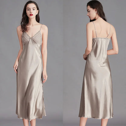 Satin Nightgown – Sleeveless Mid-Length Sleepwear, Lace V-Neck - Willen