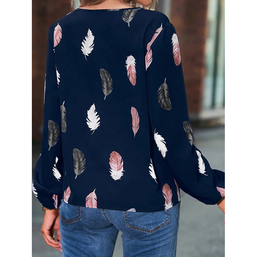 SkyFeather Elegant Top – Lightweight Chiffon Blouse with Feather-Inspired Print - Willen