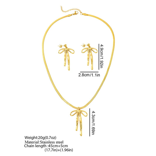 Stainless Steel Bow Pendant Jewelry Set – Snake Chain Necklace with Matching Stud Earrings - Willen