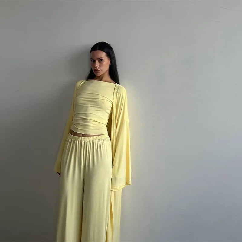 Women’s 3-Piece Summer Set – Long Coat, Tank Top & Wide-Leg Pants, Polyester, Yellow - Willen