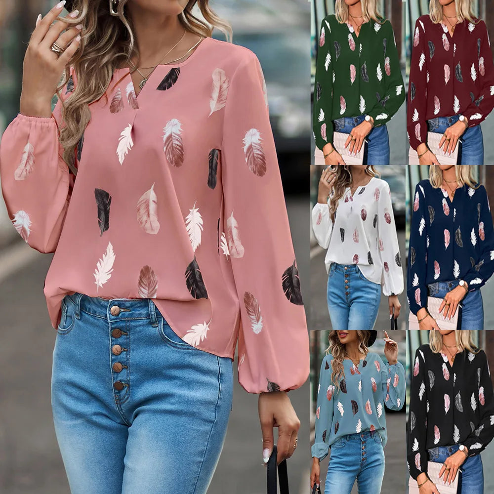 SkyFeather Elegant Top – Lightweight Chiffon Blouse with Feather-Inspired Print - Willen