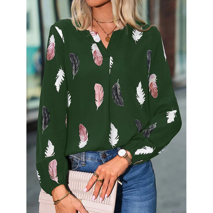 SkyFeather Elegant Top – Lightweight Chiffon Blouse with Feather-Inspired Print - Willen
