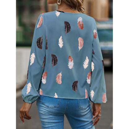 SkyFeather Elegant Top – Lightweight Chiffon Blouse with Feather-Inspired Print - Willen