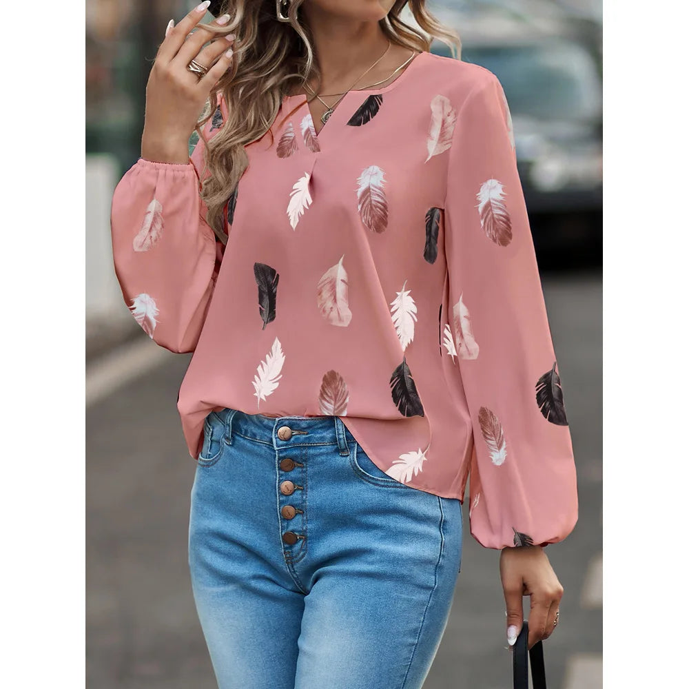SkyFeather Elegant Top – Lightweight Chiffon Blouse with Feather-Inspired Print - Willen