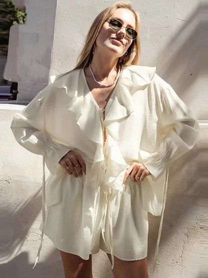 2-Piece Summer Set – Lace-Up Ruffle Blouse and Wide-Leg Shorts, Polyester - Willen