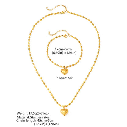 Heart Pendant Jewelry Set – Stainless Steel Necklace & Earrings, Beaded Chain Design - Willen
