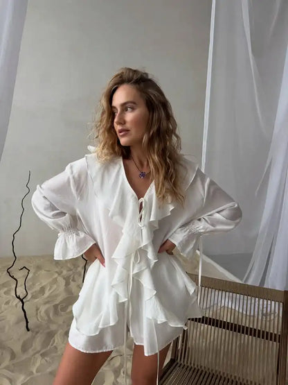 2-Piece Summer Set – Lace-Up Ruffle Blouse and Wide-Leg Shorts, Polyester - Willen