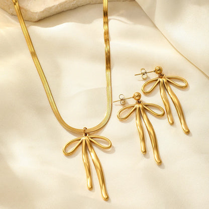 Stainless Steel Bow Pendant Jewelry Set – Snake Chain Necklace with Matching Stud Earrings - Willen