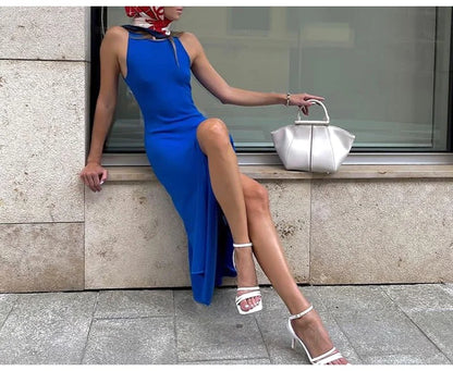 Sleeveless Knit Midi Dress – Empire Waist, Side Slit - Willen