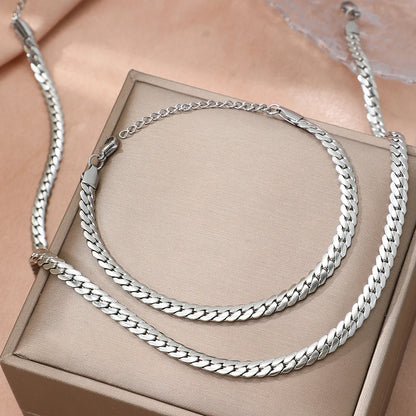 Gold-Tone Cuban Chain Set – Flat Stainless Steel Necklace & Bracelet - Willen