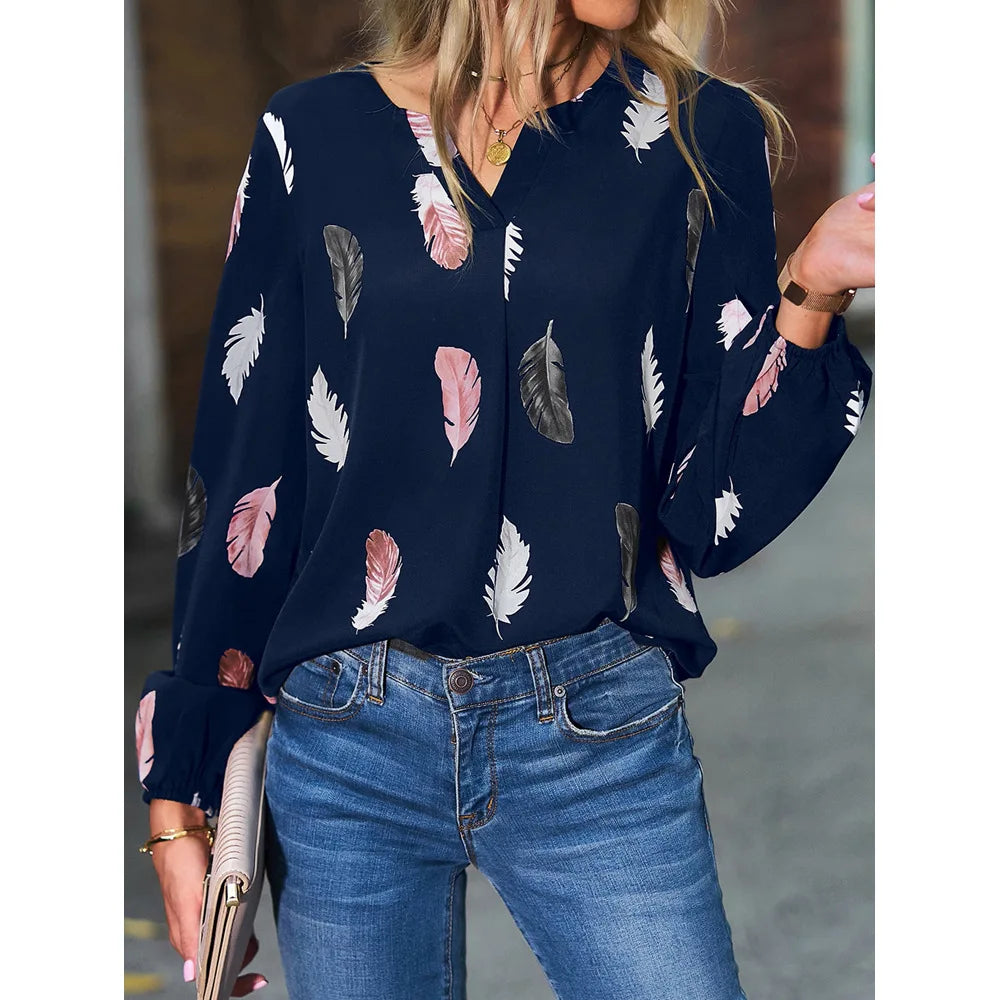 SkyFeather Elegant Top – Lightweight Chiffon Blouse with Feather-Inspired Print - Willen
