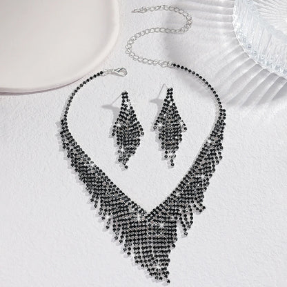 3-Piece Tassel Jewelry Set – Black crystal-accent Necklace & Earrings - Willen